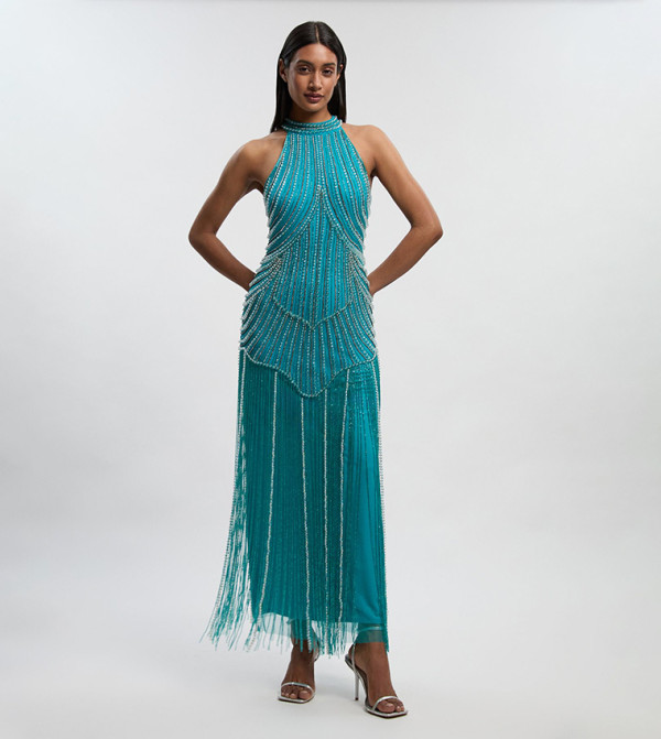 Crystal Embellished Fringed Woven Midi Dress