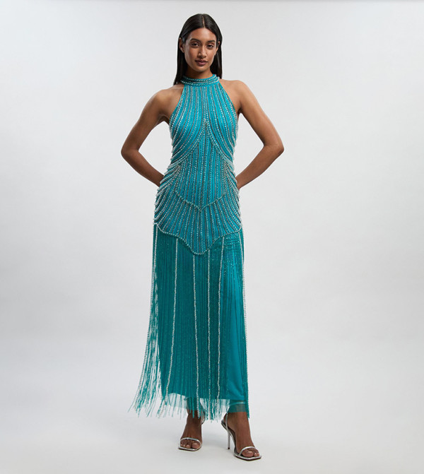 Petite Crystal Embellished Fringed Woven Midaxi Dress