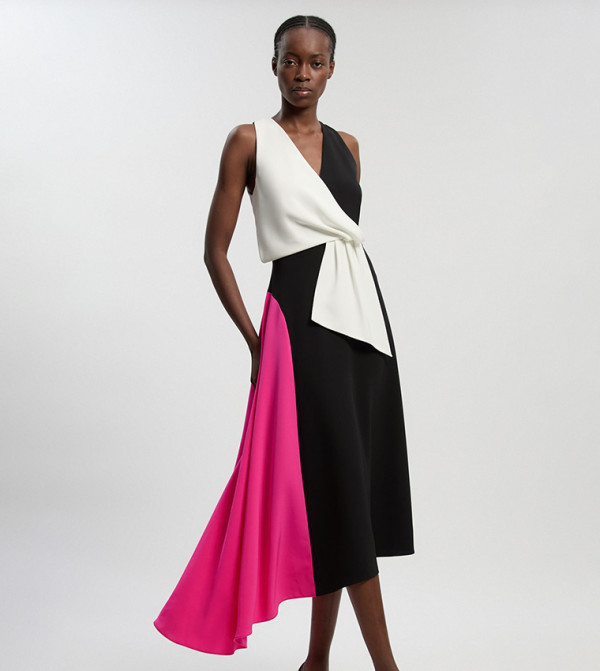 Soft Tailored Color Block Detail Midi Dress