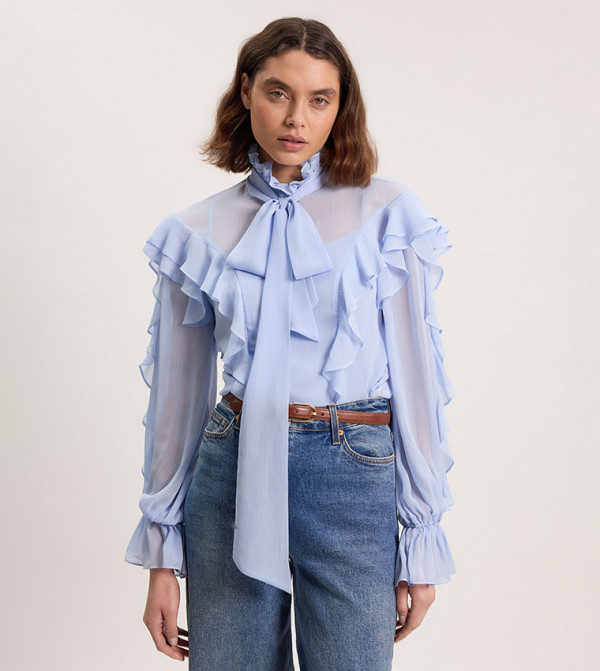 Ruffle Front Crinkle Georgette Pussy Bow Top
