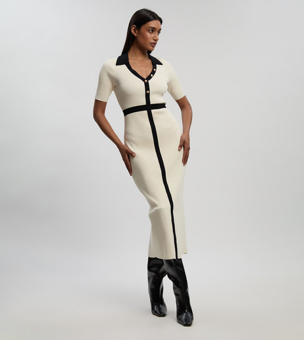Knit Ribbed Contrast Waist Detail Collared Short Sleeves Midi Dress