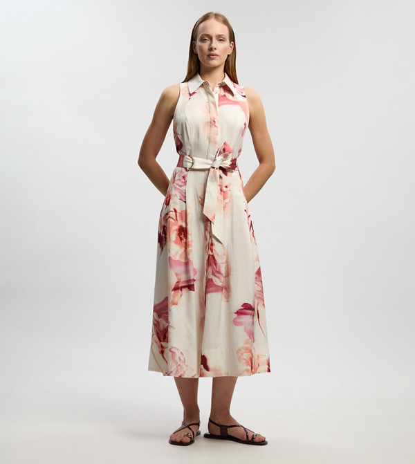 Premium Viscose Linen Stitch Halterneck Woven Midi Dress