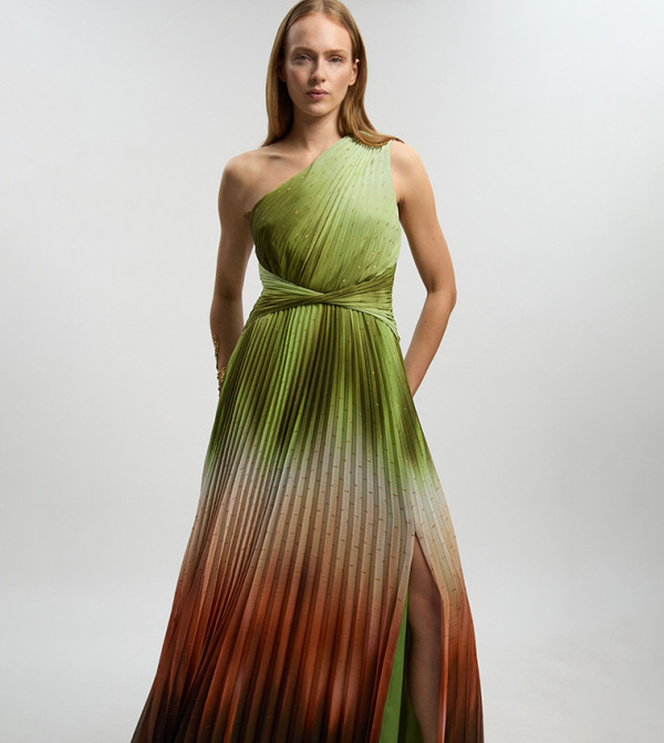 Metallic Thread Ombre Print One Shoulder Woven Maxi Dress
