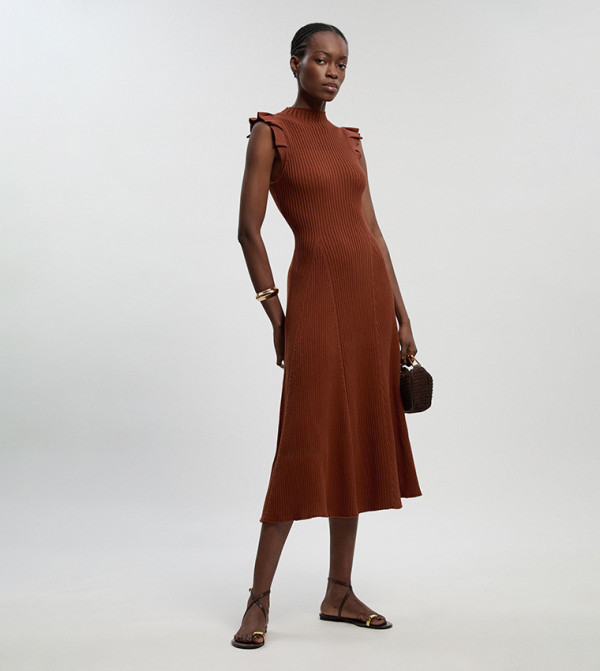 Petite Pointelle Frill Sleeves Knit Midi Dress
