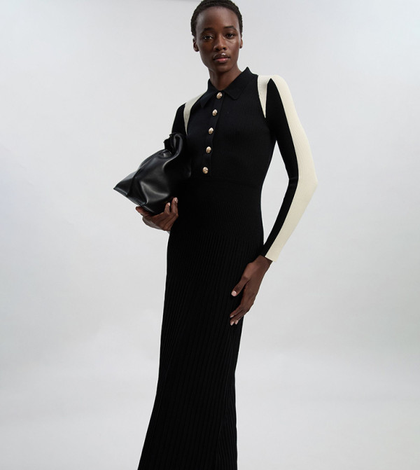 Petite Ribbed Knit Military Color Block Midi Dress