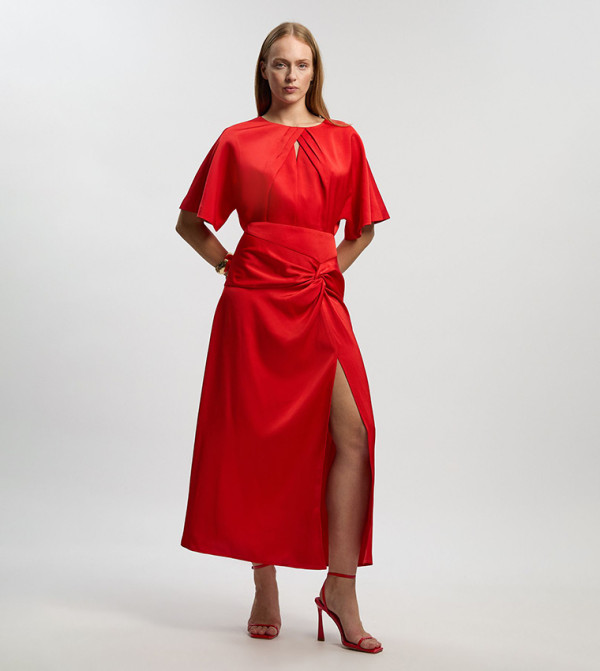 Satin Back Crepe Twist Detail Woven Midaxi Dress