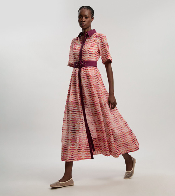 Geo Printed Organdie Woven Midi Shirt Dress