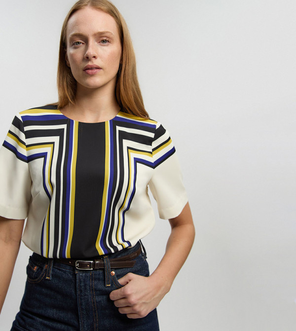 Contrast Striped Twill Short Sleeves Top