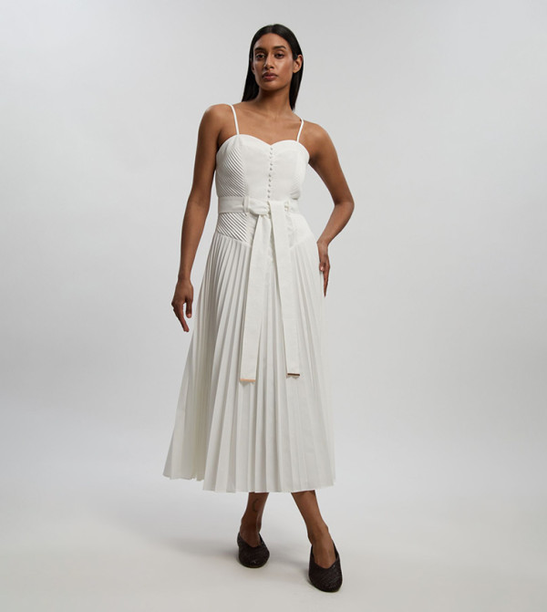 Cotton Top Stitch Dropped Waist Woven Strappy Midi Dress