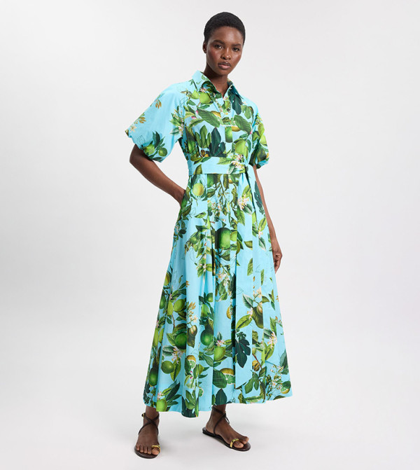 Petite Lime Print Puff Sleeves Woven Midi Shirt Dress