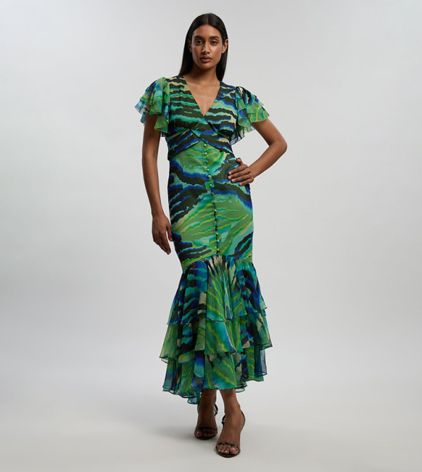 فستان ماكسي كم كشكش وطبعة حيوانات