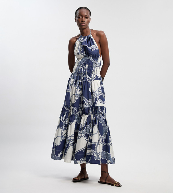 Petite Shirred Cotton Tiered Chain Print Halterneck Maxi Dress