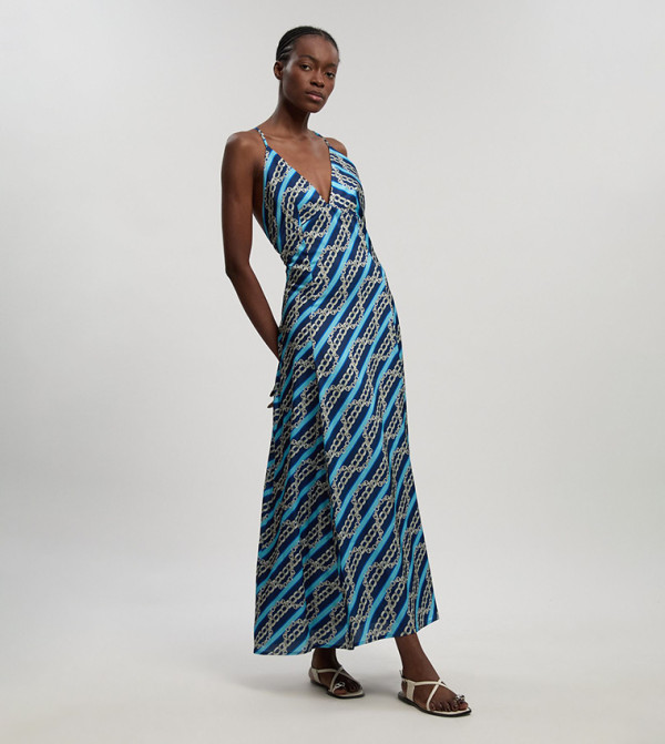 Chain Print Satin Plunge Neck Strappy Woven Maxi Dress