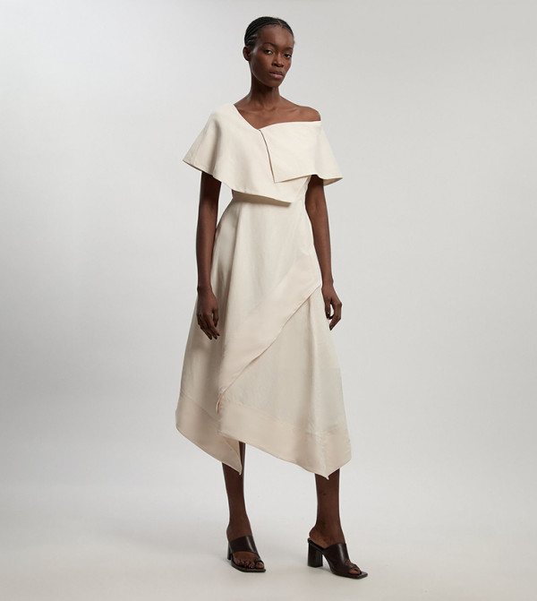 Petite Premium Viscose Linen Asymmetric Neck Flared Midi Dress