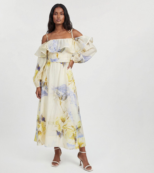 Floral Print Off Shoulder Shirred Woven Maxi Dress