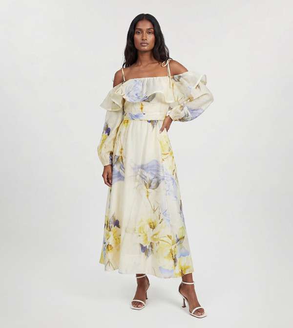 Petite Floral Off The Shoulder Shirred Woven Maxi Dress