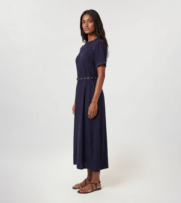 Premium Viscose Linen Woven Midi Dress with Stud Detail