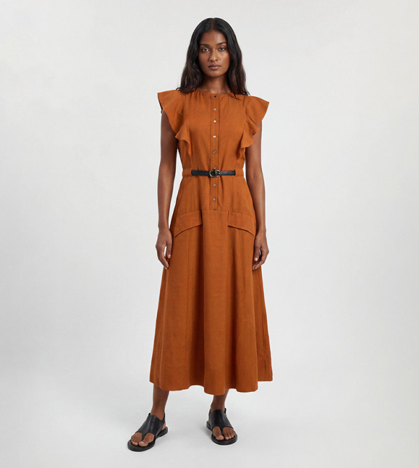 Petite Viscose Linen Woven Halterneck Neck Midi Dress