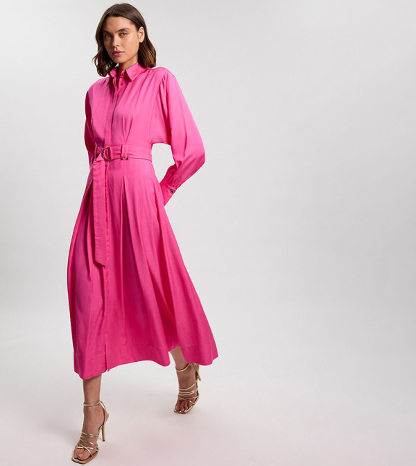 Premium Viscose Linen Gold Buckle Belt Midi Shirt Dress
