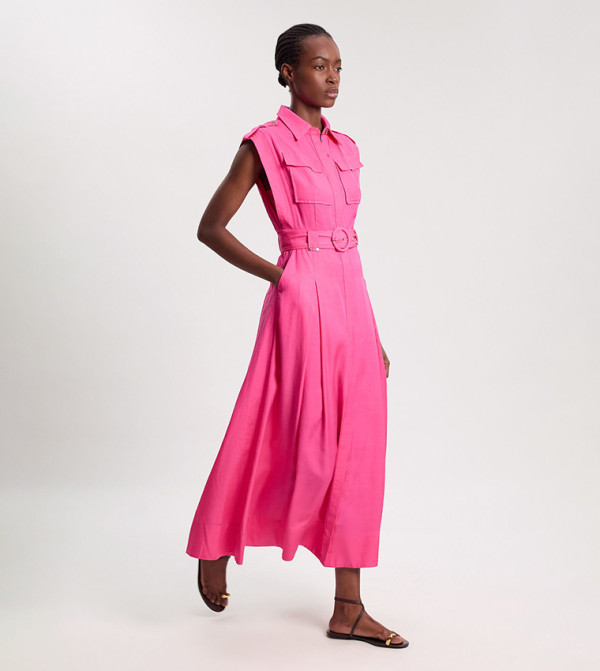 Premium Viscose Linen Belted Woven Midaxi Dress