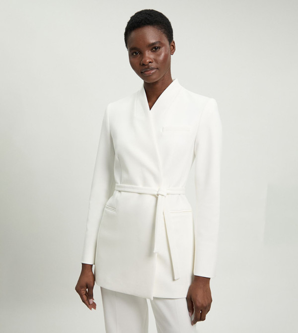 Tailored Collarless Belted Blazer