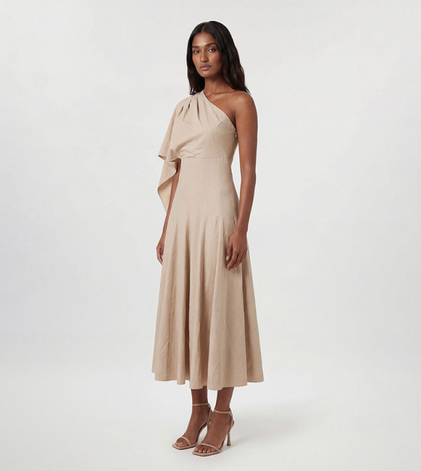Petite Premium Linen High Neck One Shoulder Midi Dress