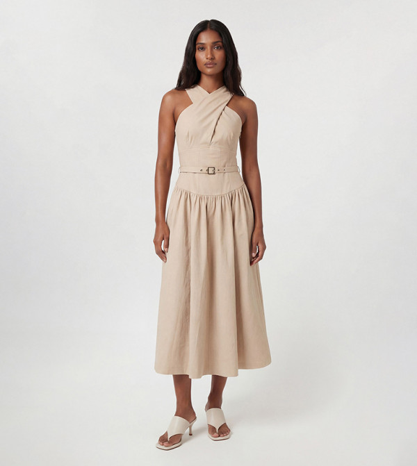 Premium Tailored Linen Halter Neck Belted Midi Dress