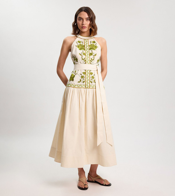 Petite Rose Embroidered Cotton Twill Woven Midaxi Dress