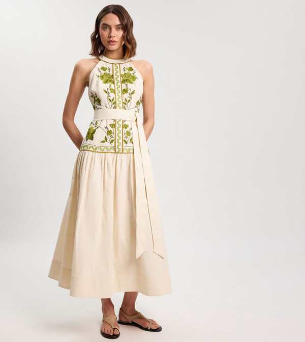 Rose Embroidered Twill Woven Midi Dress