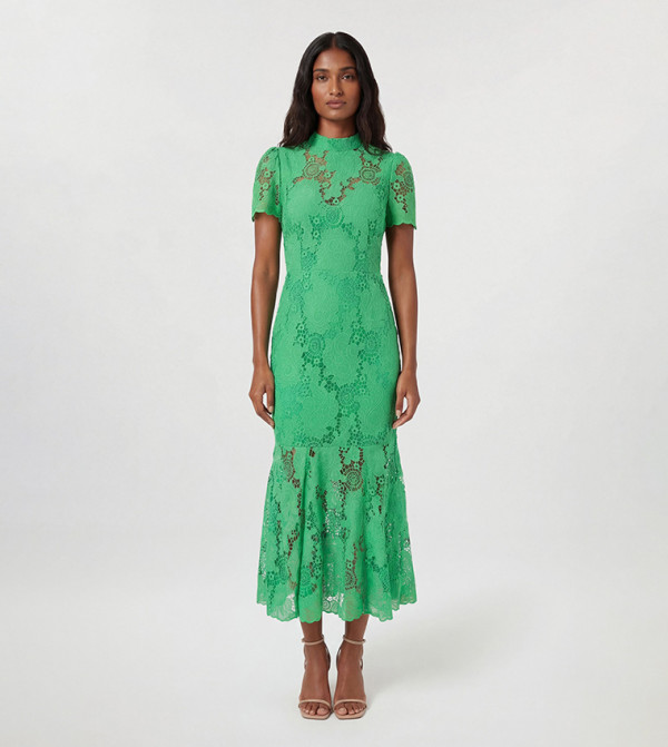 Lace High Neck Woven Midi Dress