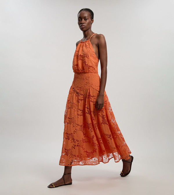 Lace Halterneck Woven Midi Dress