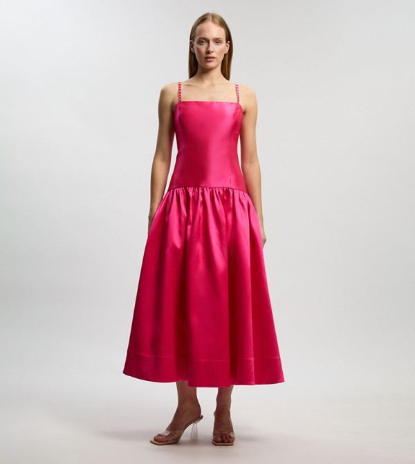 Twill Contrast Strappy Woven Maxi Dress
