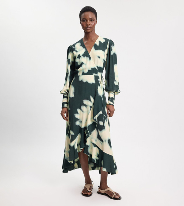 Printed Viscose Crepe Long Sleeves Midi Dress