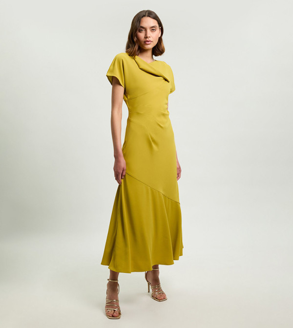 Solid Twill Flared Sleeves Woven Midaxi Dress