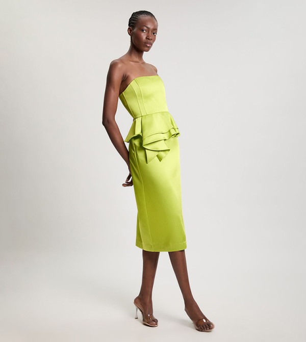 Bonded Satin Peplum Pencil Woven Midi Dress