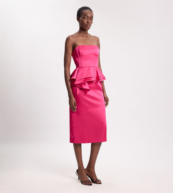 Bonded Satin Peplum Pencil Woven Midi Dress