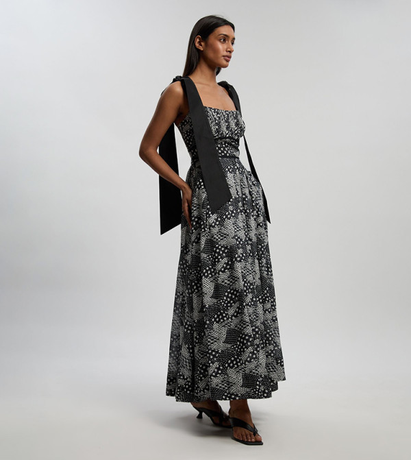 Geo Patterned Silk Woven Strappy Maxi Dress