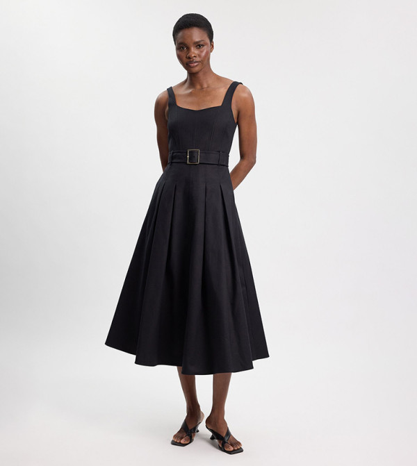 Petite Premium Cotton Tailored Fabric Belted Midi Dress