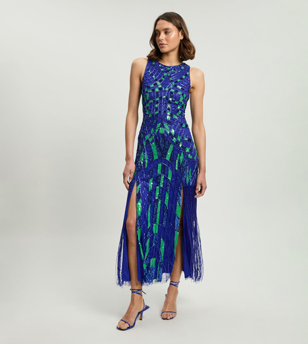 Petite Embellished Geo Halterneck Woven Maxi Dress
