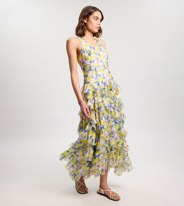 Crinkle Georgette Ruffle Detail Woven Maxi Dress