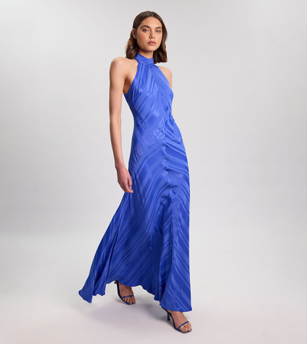 Striped Fabric Detail Fluid Halterneck Maxi Dress