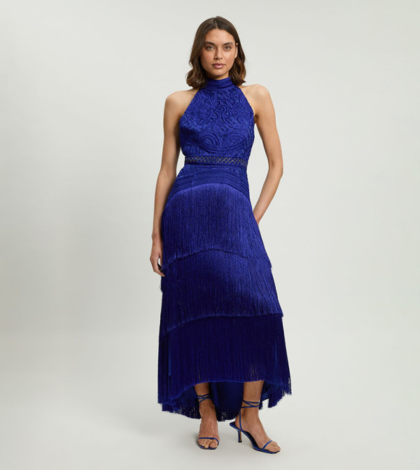 Fringed Beaded Halterneck Woven Maxi Dress