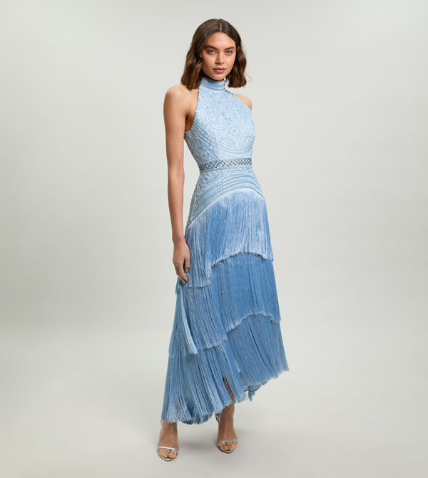 Fringed Beaded Halterneck Woven Maxi Dress