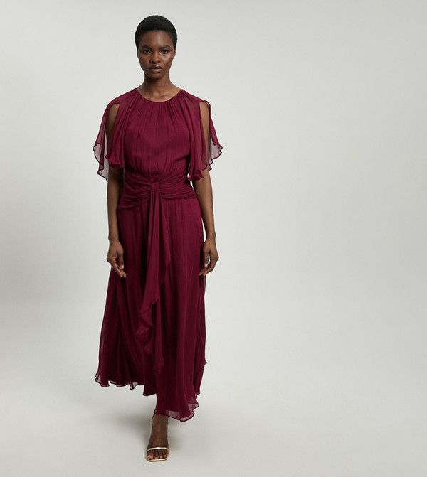 Viscose Georgette Cape Sleeves Ruffle Woven Maxi Dress