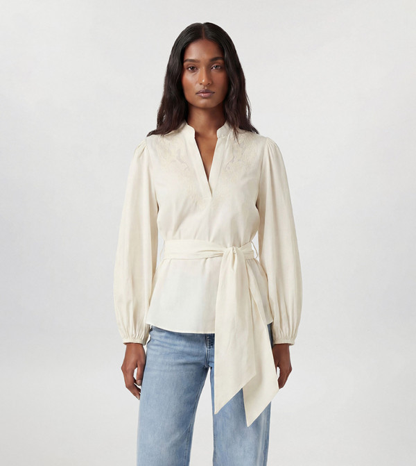 Poplin Embroidered Detail Belted Top