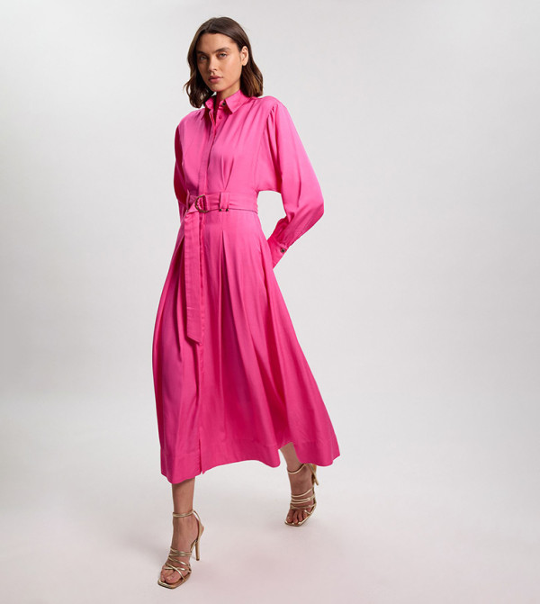 Petite Premium Viscose Linen Belted Woven Shirt Dress