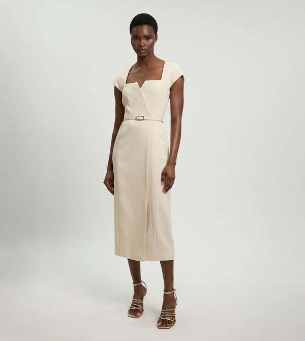 Viscose Blend Belted Square Neck Tailored Pencil Dress