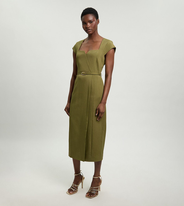 Viscose Blend Belted Square Neck Tailored Pencil Dress