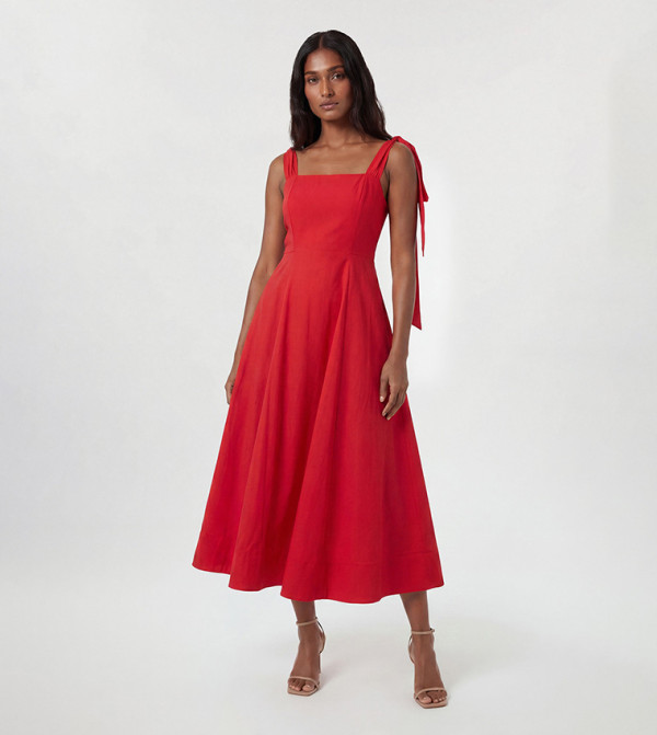 Viscose Linen Tie Strap Woven Prom Midi Dress