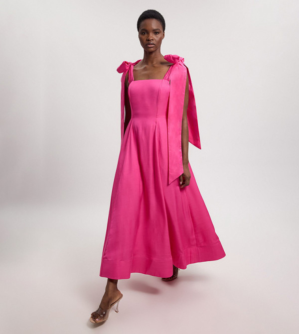 Petite Viscose Linen Tie Strap Woven Prom Midi Dress